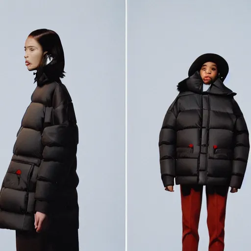 Image similar to realistic photoshooting for a new acne studio lookbook, color film photography, close up, model is wearing a puffer jacket, photo of a woman, photo in style of tyler mitchell, 3 5 mm, vetements, balenciaga, commes des garcon