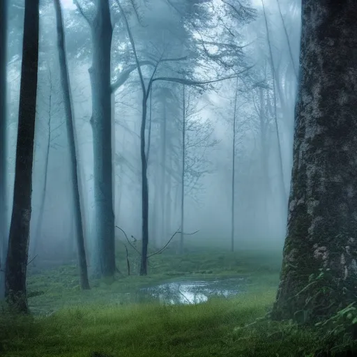 Prompt: photo of misty woods clearing, high definiton, cinematic, high resolution, tall trees, mist, 8 k, photography