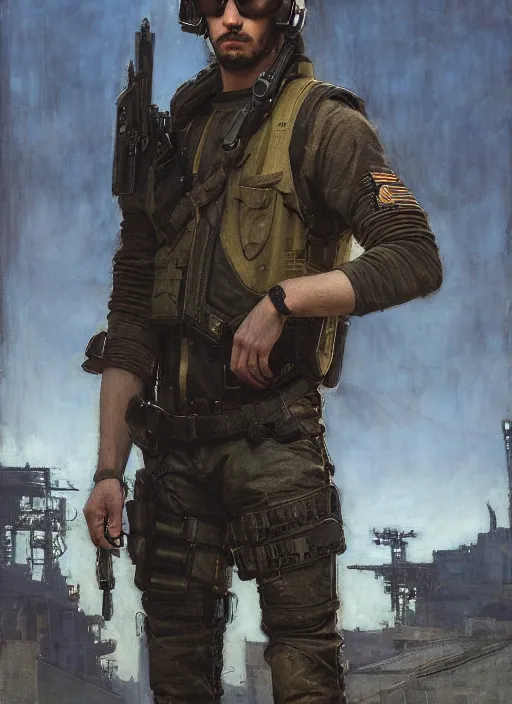 Image similar to arthur cyberpunk USN marine wearing a military vest and military jumpsuit (cyberpunk 2077, bladerunner 2049). Iranian orientalist portrait by john william waterhouse and Edwin Longsden Long and Theodore Ralli and Nasreddine Dinet, oil on canvas. Cinematic, hyper realism, realistic proportions, dramatic lighting, high detail 4k