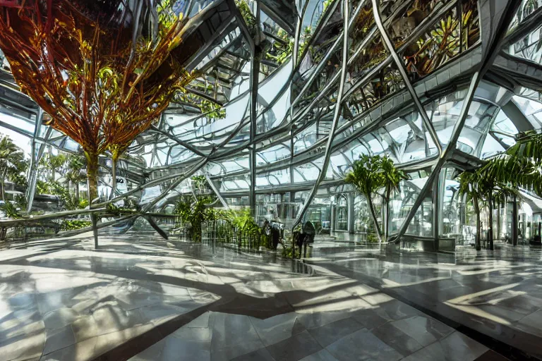 Prompt: a futuristic steampunk science building interior lobby on the ground floor, walls made of huge glass panes ornate posts and beams and futuristic architecture, tropical plants and palm trees all around the interior, built in the middle of a lush tropical rainforest, lush tropical forest outside of the window, realistic backlit afternoon lighting, very strong light streaks coming from above, shot with a canon 35mm lens