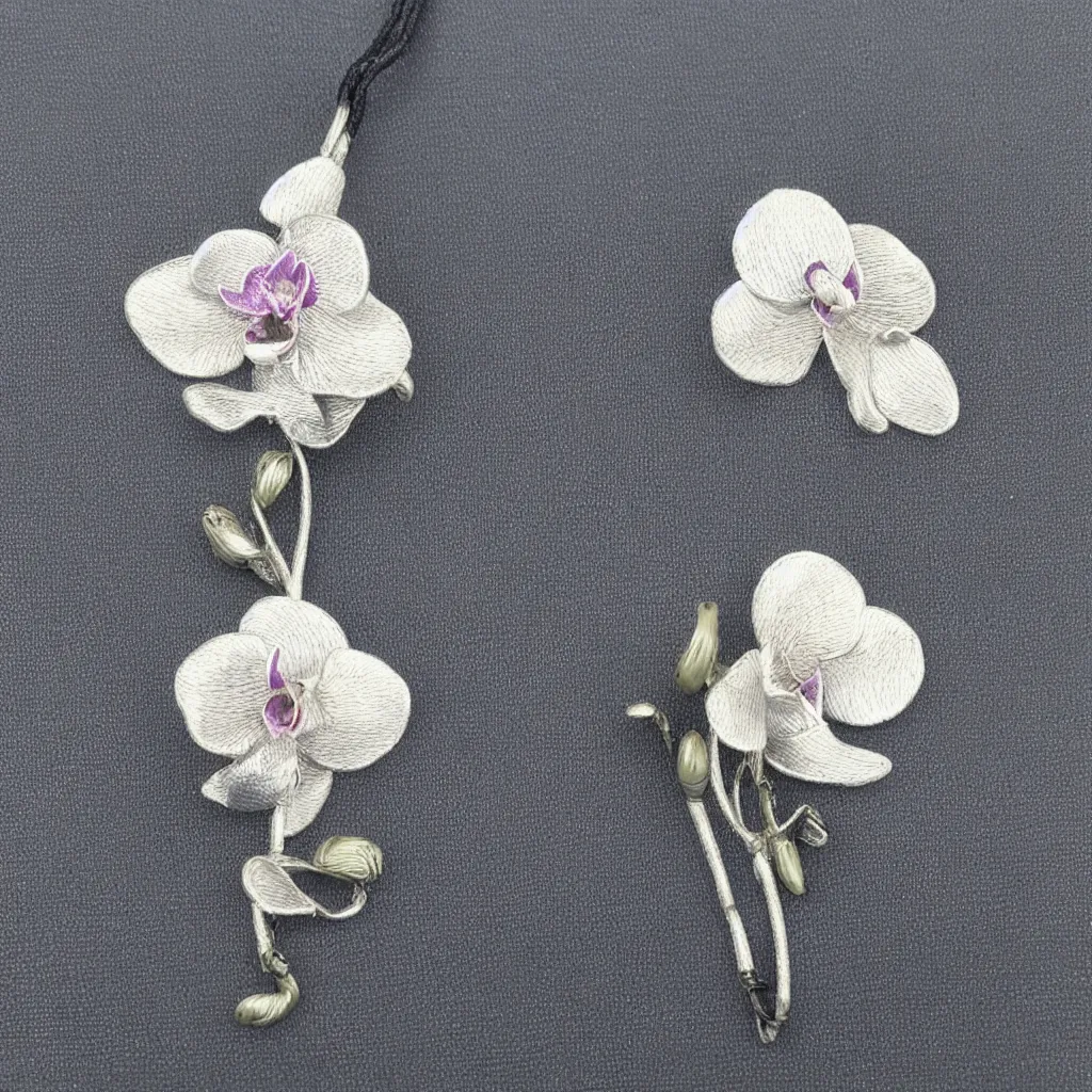 Image similar to Silver embroidered orchid amulet, realistic, clean, 4k, highly detailed