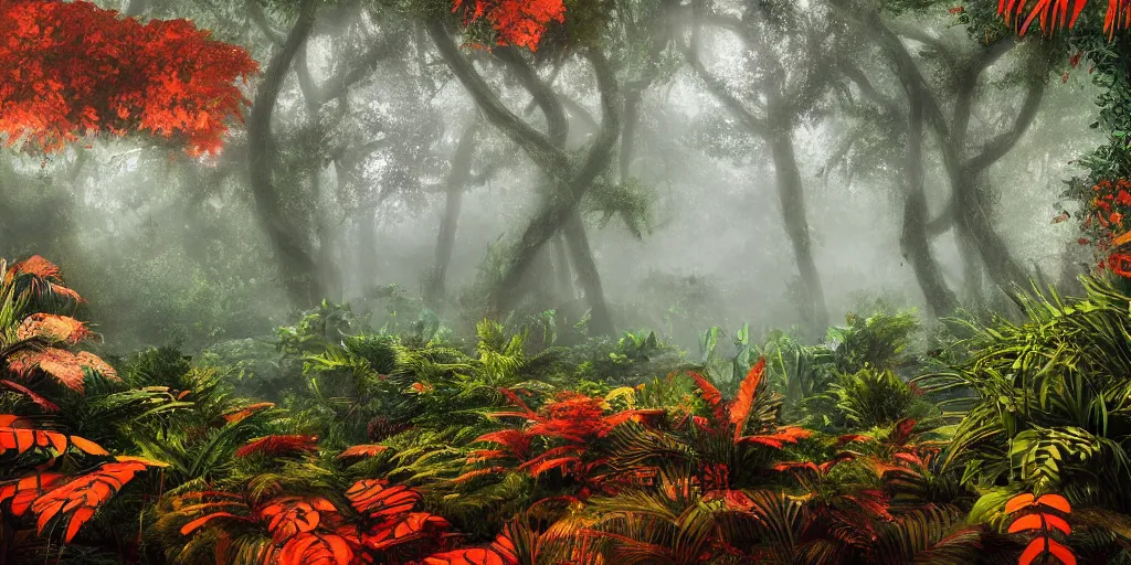 Image similar to a beautiful landscape of a foggy jungle, red and orange color scheme, hyperdetailed, vivid colors, photorealist, 4 k