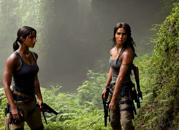 Image similar to film still of!!!! naomi scott!!! as lara croft in new tomb raider movie, 8 k