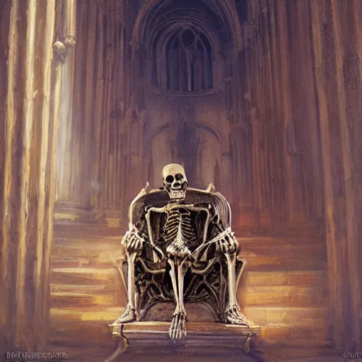 Image similar to Human skeleton king resting on his throne inside a cathedral, oil painting, by Fernanda Suarez and Greg Rutkowski