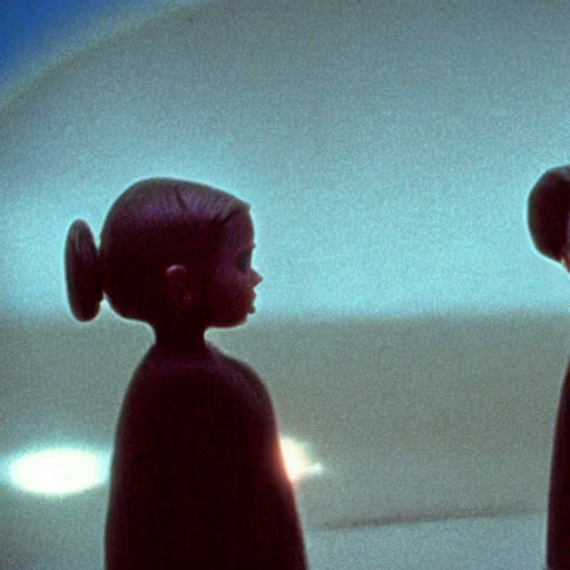 Prompt: wide scenic shot from the scene from the David Lynch production of star wars where the conjoined children play. The children are conjoined at the head and neck, they share one head. Cinematic, VHS copy, film grain, 35mm film.