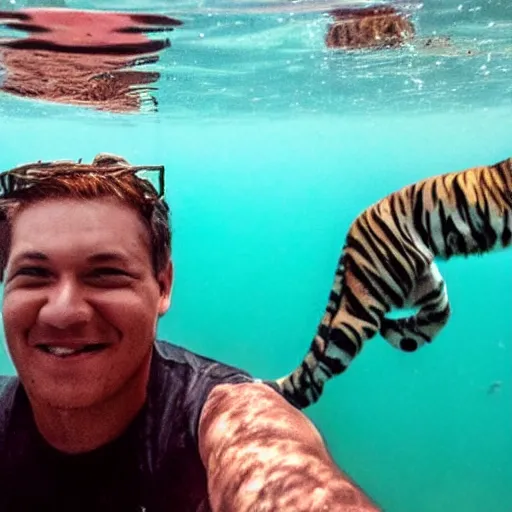 Image similar to a guy taking a selfie with tiger underwater