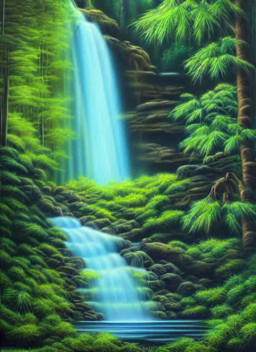 Image similar to waterfall in a forest, an airbrush painting by terry redlin, deviantart, metaphysical painting, airbrush art, detailed painting, oil on canvas