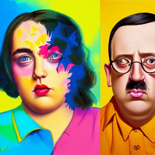 Image similar to colorful and festive cute female young plus size mike patton and hitler with tan skin, clear sharp todd solondz face, wearing yellow floral blouse. full body, rich vivid pastel colors, ambient lighting, dynamic lighting, 4 k, atmospheric lighting, painted, intricate, highly detailed by charlie bowater
