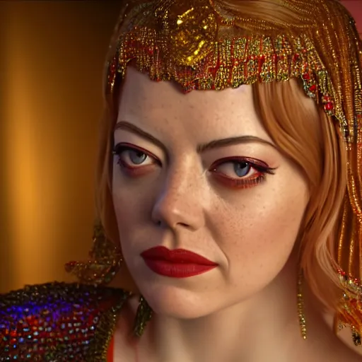 Image similar to a photorealistic portrait of actress emma stone dressed as a belly dancer, arabian night, volumetric lightening, octane render, high quality, fully detailed, 4 k, in focus sharp face with fine details, her hands by albrecht durer, inspired by belly dancer on youtube, alphonse mucha, masterpiece, stunning