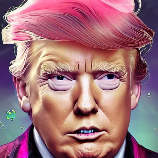 Image similar to dream portrait of donald trump , dreamy and ethereal, expressive pose, big pink eyes, exciting expression, fantasy, intricate, elegant, many rainbow bubbles, rose tones, highly detailed, digital painting, artstation, concept art,cyberpunk wearing, smooth, sharp focus, illustration, art by artgerm and greg rutkowskiand alphonse mucha,Salvador Dali.