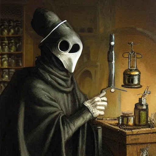 Image similar to plague doctor working in medieval apothecary wearing gloves, bird beak, magical alchemy laboratory, oil painting, by Greg Rutkowski