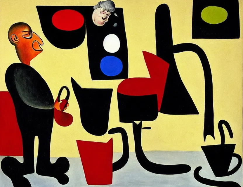 Prompt: a painting of a old and strange dusty professor in black suite making a study of drinking 1 0 cups of black coffee in a kitchen that is slowly melting, styled and painted by joan miro and giorgio de chirico