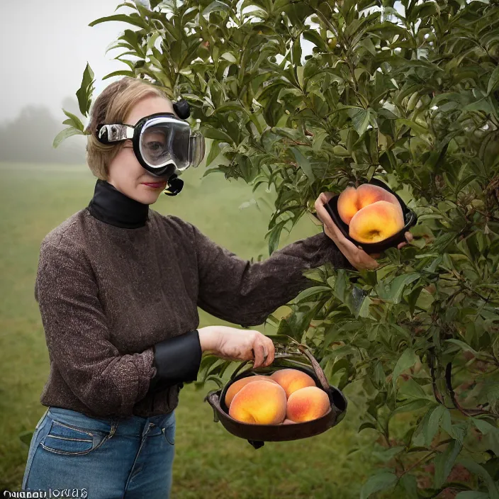 Image similar to a closeup portrait of a woman wearing a vintage diving helmet, picking peaches from a tree in an orchard, foggy, moody, photograph, by vincent desiderio, canon eos c 3 0 0, ƒ 1. 8, 3 5 mm, 8 k, medium - format print