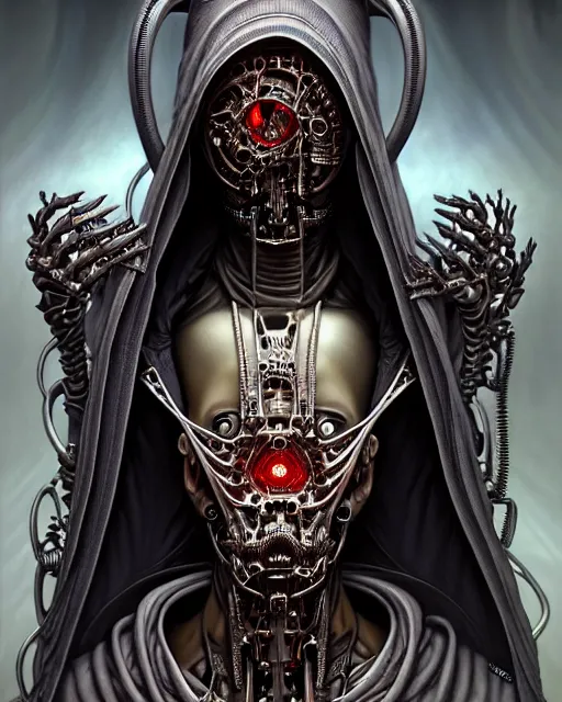 Image similar to front shot of a cyberpunk hooded dead biomechanical demon mastermind character, intricate, elegant, highly detailed, centered, (((artstation, concept art, smooth, sharp focus, artgerm, Tomasz Alen Kopera, Peter Mohrbacher, donato giancola, Joseph Christian Leyendecker, WLOP, Boris Vallejo))), mugshot!!!!!, ugly!!!!!!, octane render, nvidia raytracing demo, grainy, muted