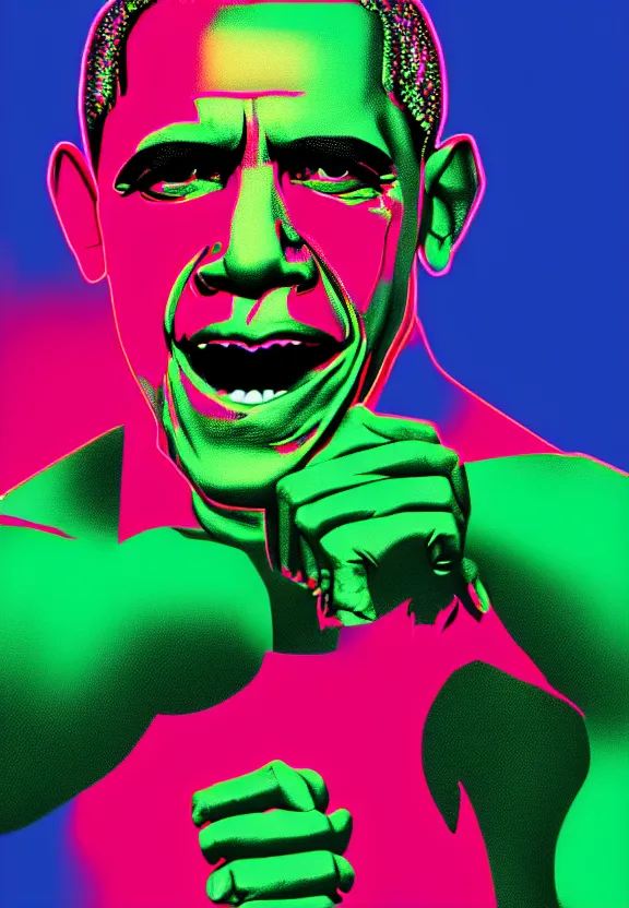 Image similar to Obama Hulk by Beeple with extra Andy Warhol influence