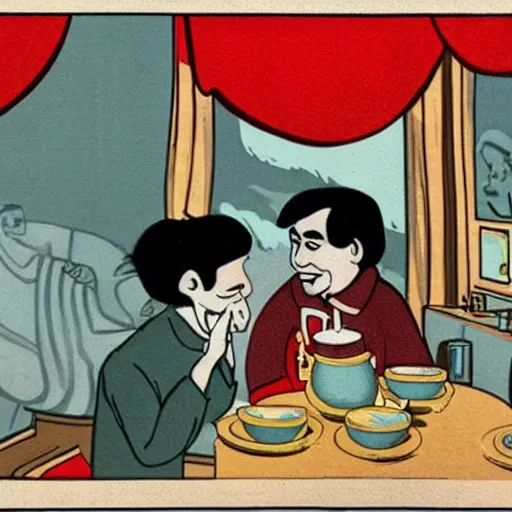 Image similar to carl sagan and alien drinking tea in a chinese tea house