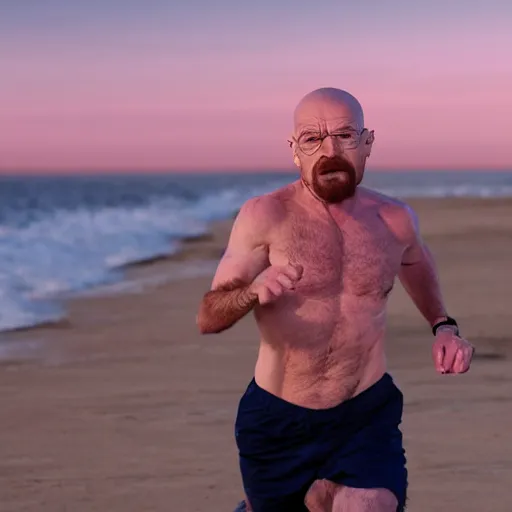 Image similar to Walter White running on the beach, artistic, 8k, cinematic