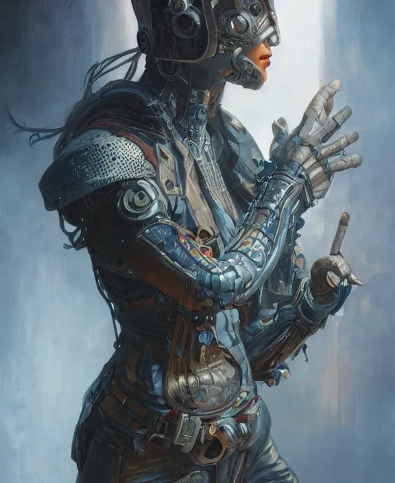 Prompt: portrait of a cyberpunk masked warrior, half body, d & d, fantasy, intricate, elegant, highly detailed, digital painting, artstation, concept art, art by artgerm and greg rutkowski and alphonse mucha