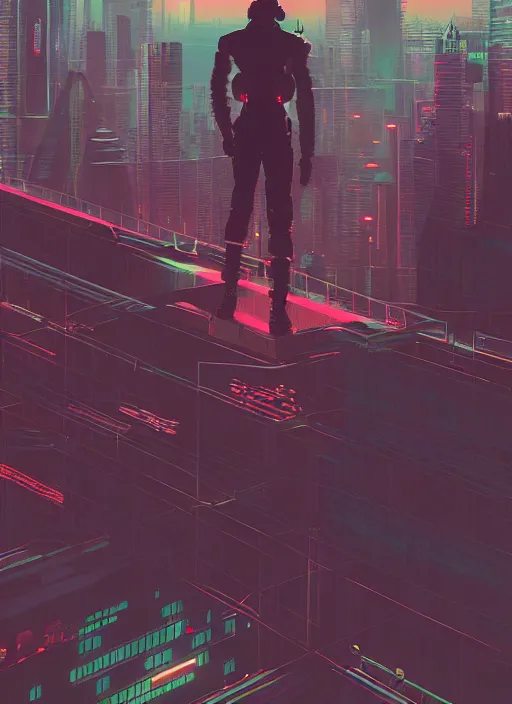 Image similar to a man standing on top of a bridge over a city, cyberpunk art by james gilleard, cgsociety, retrofuturism, synthwave, cityscape, 2 d game art