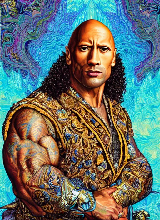 Image similar to beautiful oil painting, portrait of Dwayne the rock Johnson as Louis xiv in coronation robes 1701, Dan Mumford, Dan Mumford, Alex grey, Alex grey, lsd visuals, dmt fractal patterns, entheogen, psychedelic, hallucinogen, highly detailed, ornate, vaporwave