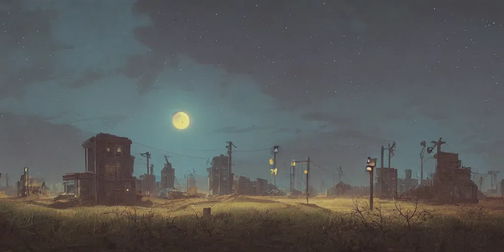 Prompt: abandoned civilisation at full moon night, landscape painted by simon stalenhag