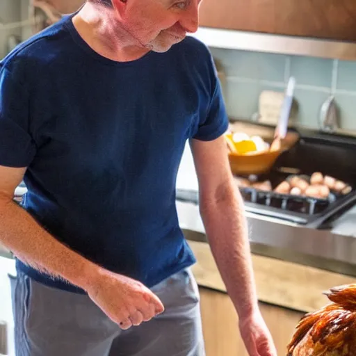 Image similar to a middle aged irish / english man with brown hair, red cheeks, clean shaven, and wearing shorts and a dark blue t - shirt, dancing animatedly like a chicken in the kitchen. he has brown medium hair