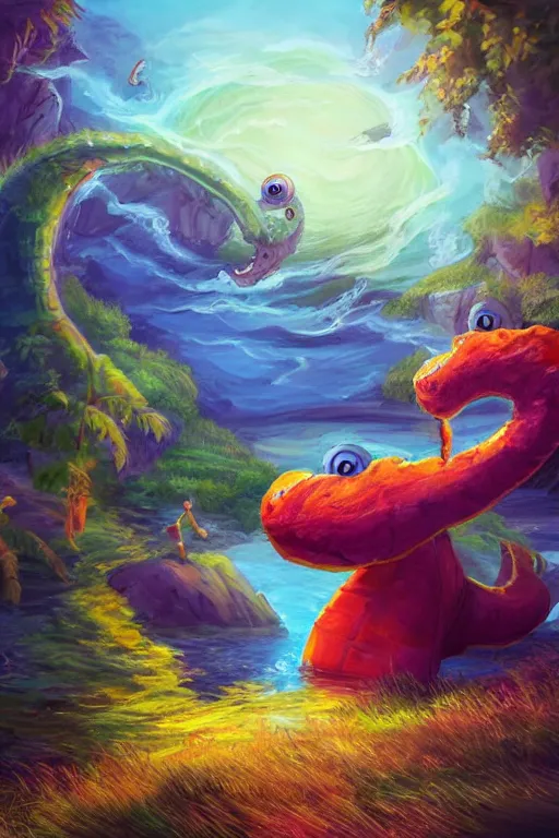 Image similar to cute cartoon childrens book illustrations of the loch ness monster, vivid colors, high details, cinematic, 8k resolution, beautiful detailed, photorealistic, digital painting, artstation, concept art, smooth, sharp focus, illustration, fantasy background, artstation trending, octane render, unreal engine