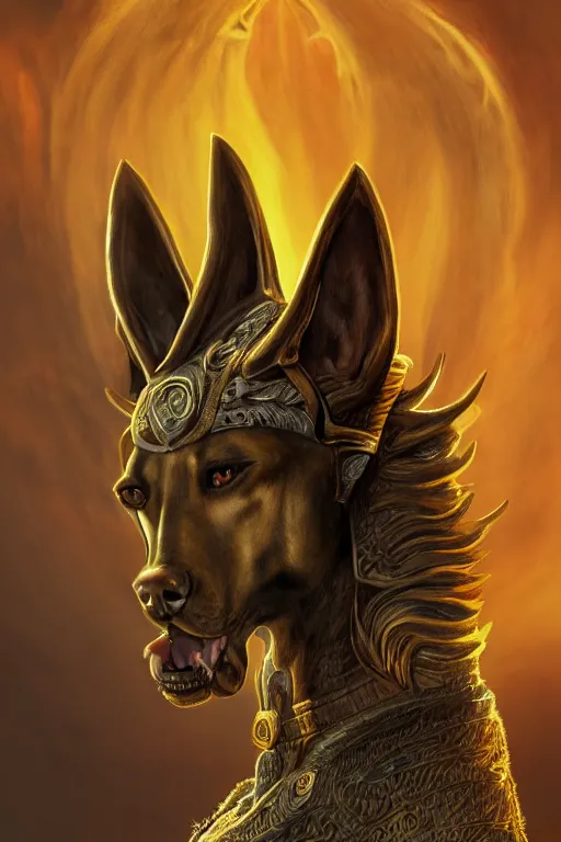 Image similar to Dog as Death Anubis, detailed face, gorgeous, amazing, flowing hair, very muscular plush male body, partial anatomy, stormy background, caesar victorious, proud Emperor, crepuscular ray, intricate, highly detailed, 8K, digital painting, fantasy, artstation, concept art, sharp focus, over-shoulder shot, illustration, art by Wayne Barlowe and alphonse mucha