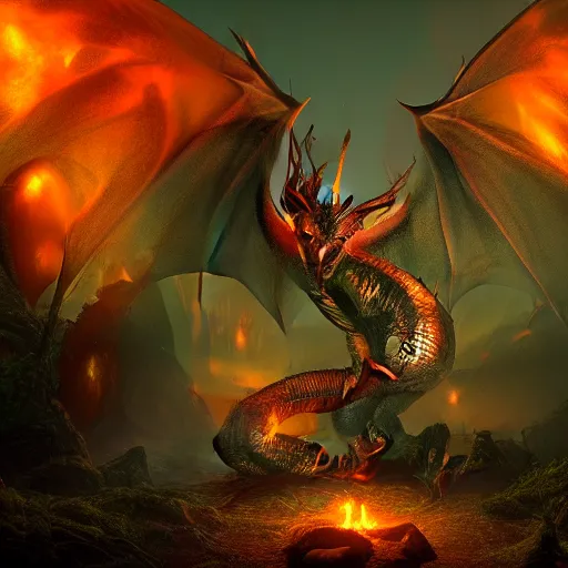 Prompt: A dragon, breathing fire, in a fantasy forest. Fantasy Demo in Unreal Engine. Beautiful glow off the fire. Terrifying dragon with bright eyes. 4K HD Wallpaper. Premium Prints Available.