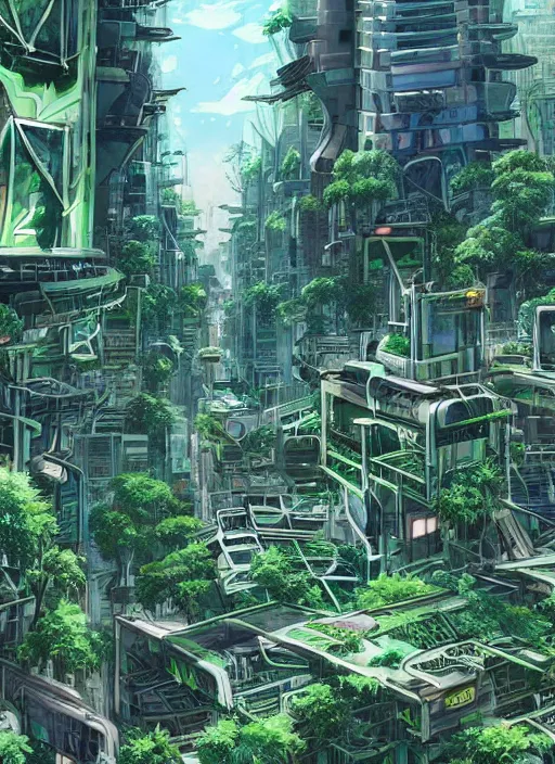 Prompt: solarpunk futuristic city which has been abandoned and overgrown by a forest, hyperdetailed, maximalist composition, by studio ghibli and my hero academia, cel shaded, ambient occlusion