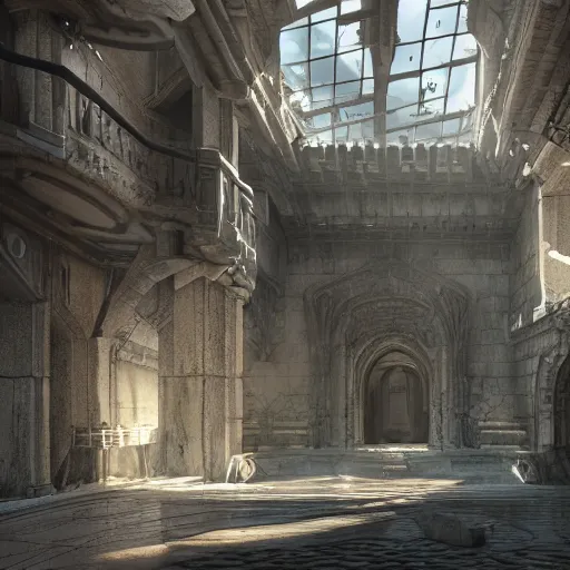 Prompt: ultra mega super hyper realistic Digital concept interior design of castle in futuristic style mixed with medieval style. More cyberpunk less medieval. Natural white sunlight from the transperient roof. Rendered in VRAY and DaVinci Resolve and MAXWELL and LUMION 3D, Volumetric natural light