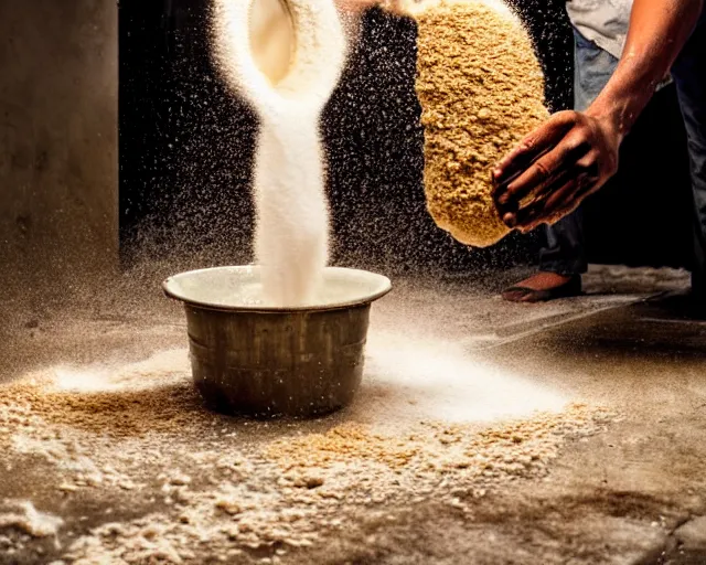 Prompt: A man with an afro mixes flour and oil then pours it down the drain, dynamic lighting, photograph