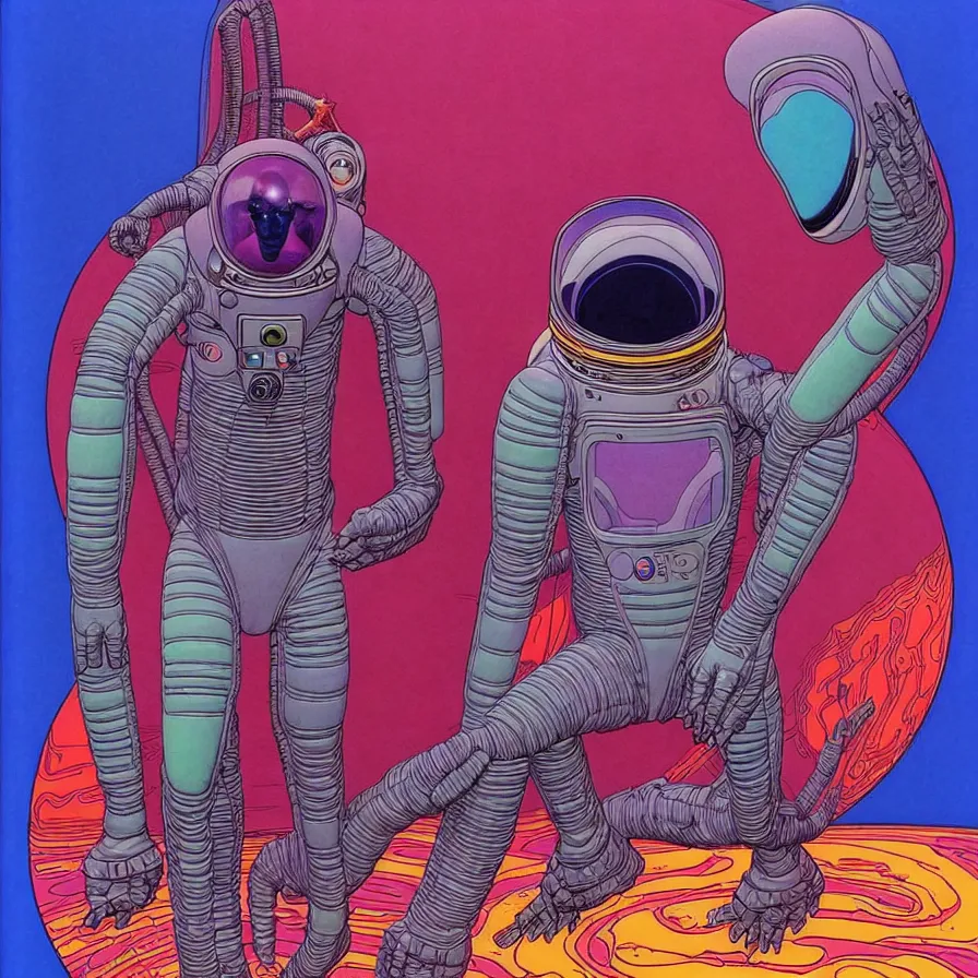 Image similar to ( ( ( ( ( alien king and astronaut talking face to face, side angle ) ) ) ) ) by mœbius!!!!!!!!!!!!!!!!!!!!!!!!!!!, overdetailed art, colorful, record jacket design