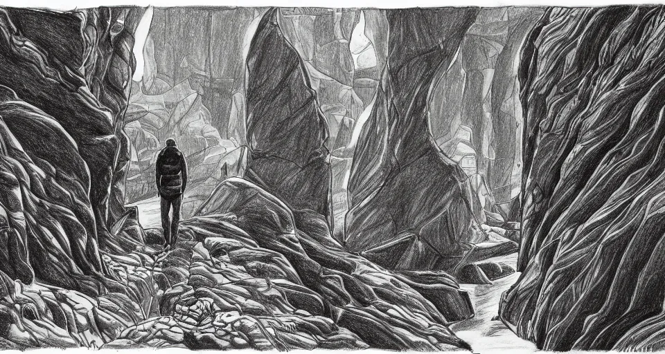 Image similar to a drawing of a person standing in a canyon, an album cover by alson s. clark, tumblr contest winner, underground comix, concert poster, official art, poster art