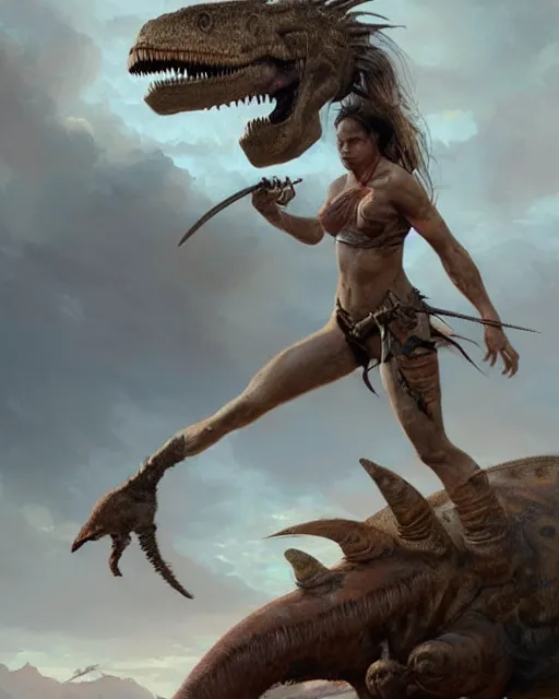 Image similar to hyper realistic photo of prehistoric hunter girl on a dino full body, cinematic, artstation, cgsociety, greg rutkowski, james gurney, mignola, craig mullins, jean baptiste monge, brom