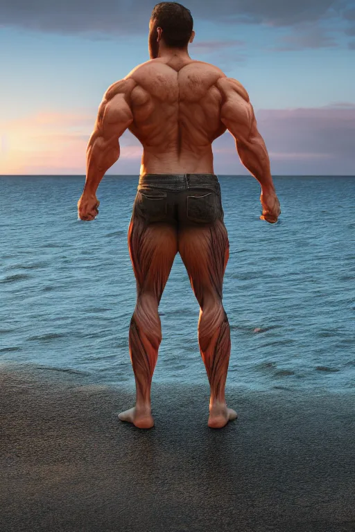 Image similar to a very muscular and defined man wearing ripped pants and shirt looking to the sea at sunset, godrays, complementary colors, natural lighting, portait image, path tracing, serene landscape, high quality, highly detailed, 8K, soft colors, warm colors, turbulent sea, high coherence, anatomically correct, hyperrealistic, concept art, defined face, five fingers, looking to the camera