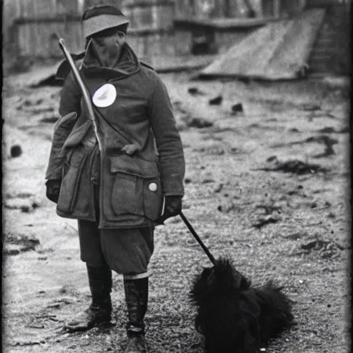 Prompt: black dog, fluffy ears, plastic trench, 1 9 4 0 war photography