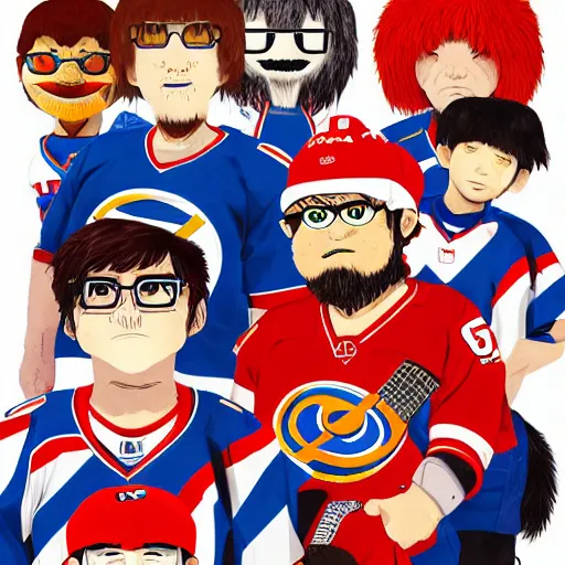 Image similar to illustration of youppi in a gang with all nhl mascots by ilya kuvshinov katsuhiro otomo