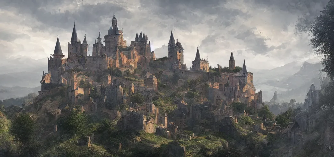 Prompt: castle with pointed spires, lourmarin, landscape, alex ross, eddie mendoza, raphael lacoste, sebastian ludke, concept art, matte painting, highly detailed, rule of thirds, dynamic lighting, cinematic, detailed, magnificiant landscape, denoised, centerd