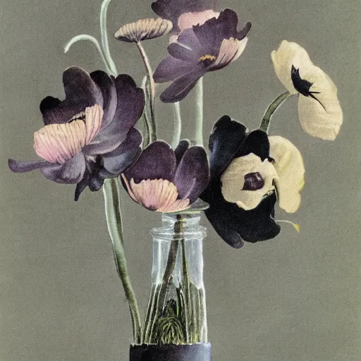 Image similar to earthy by maurice sendak, by dorothea tanning pitch black. a sculpture of a group of anemones in a vase