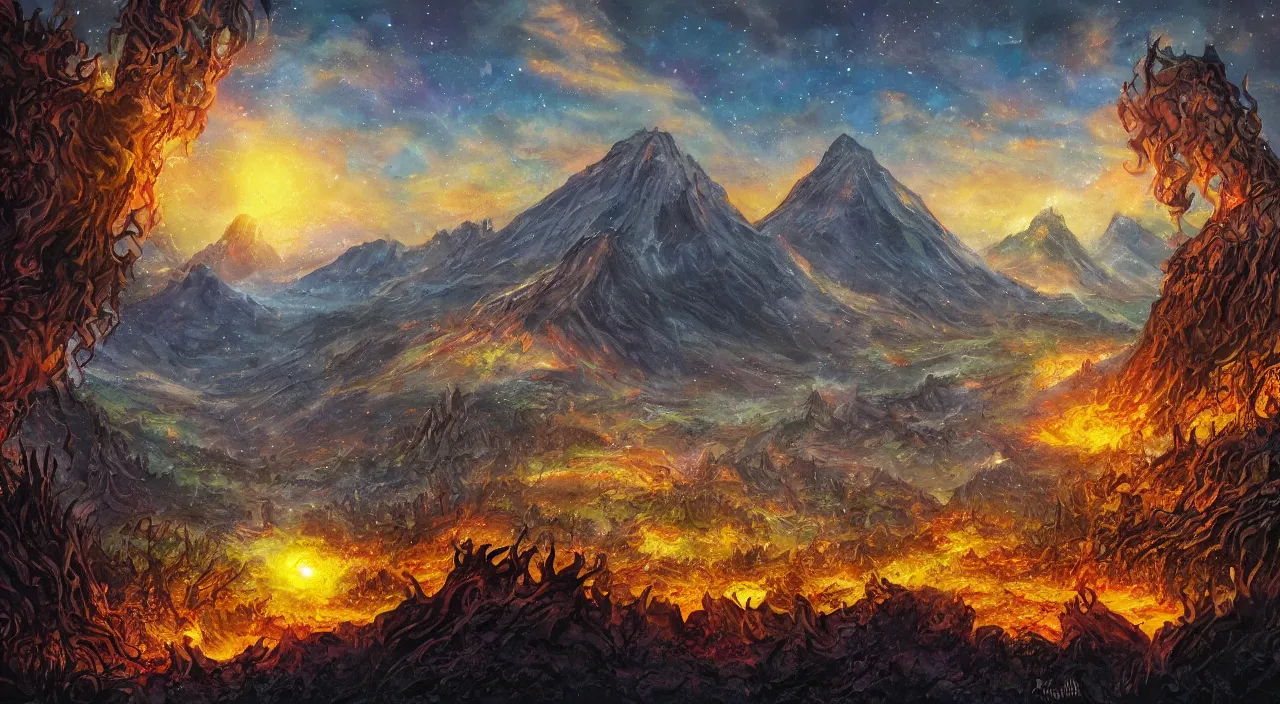 Image similar to The village on the sun under the lava mountains in the lord of the rings lore stylized galaxy and realm of fantasy adventure. Woo hoo I love being fantastical! Landscape scenery painting for an art contest.