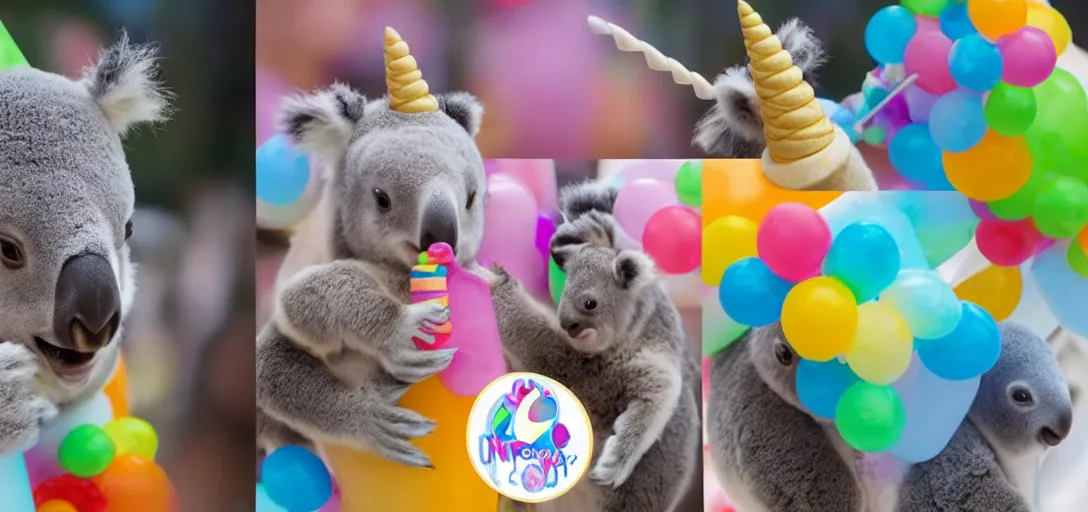 Image similar to a medium shot of a unicorn and koala enjoying ice cream cones at a birthday party for penguins, highly detailed, Pixar movie, anamorphic lens