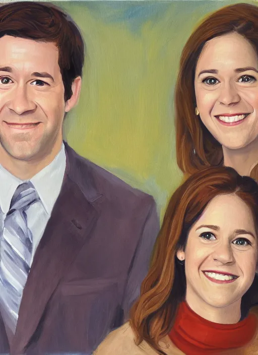 Image similar to portrait painting of jim halpert and pam beesly, happy couple, in the style of procter dod