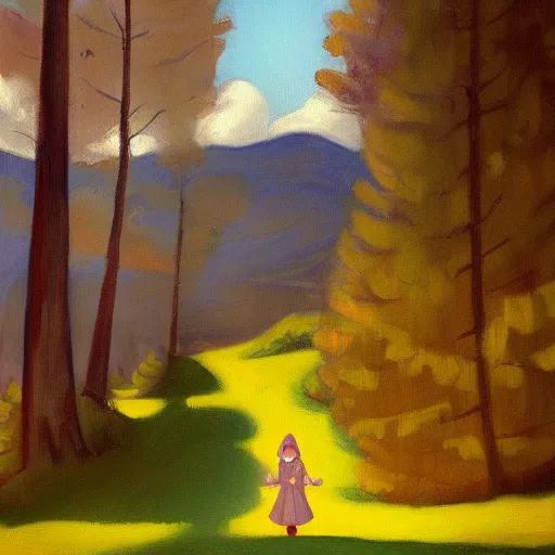 Prompt: Little Orange Riding Hood wear a dress in the valley, dark ambient beautiful, 8k resolution, road into the forest with a lake, detailed painting, art style by Edward Hopper daring, incredible, trending on Artstation