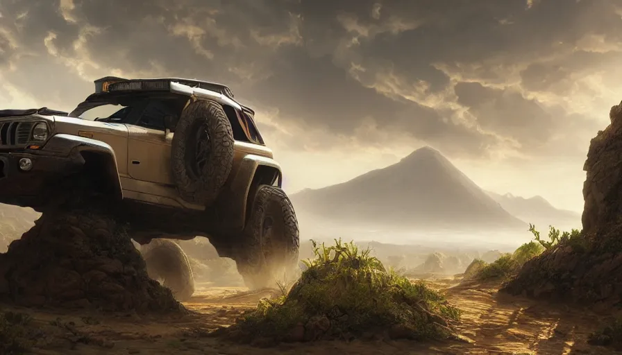 Image similar to an offroad suv designed by apple driving through socotra island, artgerm and greg rutkowski and alphonse mucha, an epic fantasy, volumetric light, detailed, establishing shot, an epic fantasy, trending on art station, octane render, midsommar