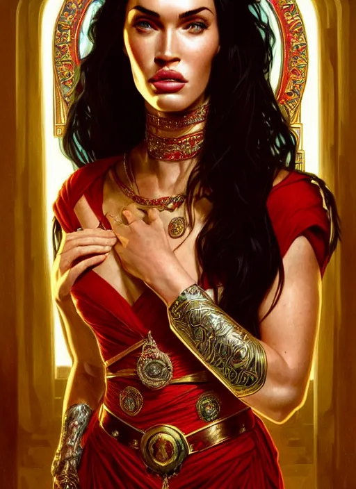 Image similar to portrait of megan fox as a queen, throne, jewelry, greek, ruby, intricate, headshot, highly detailed, digital painting, artstation, concept art, sharp focus, cinematic lighting, illustration, art by artgerm and greg rutkowski, alphonse mucha, cgsociety