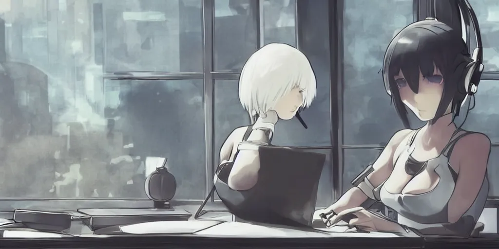 Prompt: 2b from nier automata sitting at a desk studying with headphones on, there's a cat sleeping on the desk, background is a tinted window looking out into a white church, Ghibli studio art, high quality anime, digital art, detailed facial features, imaginary slice of life