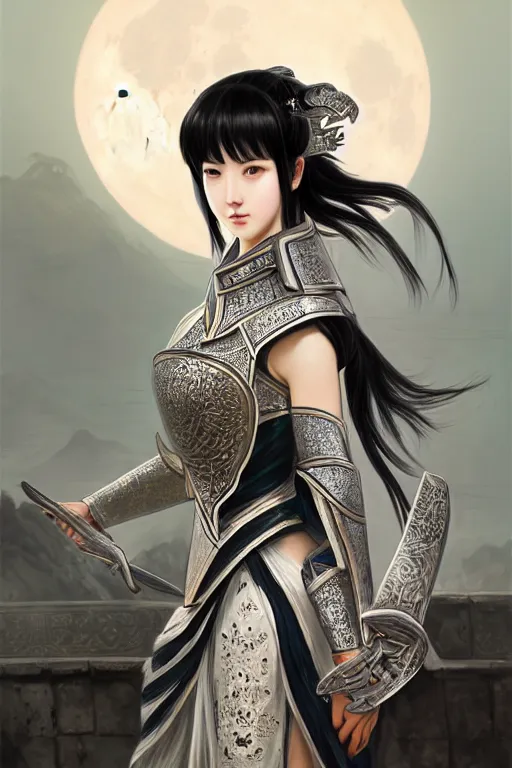 Image similar to portrait black hair young knights of Dynasty Warriors girl, matt white color armor, in ruin chinese temple rooftop moon magic night, ssci-fi and fantasy, intricate and very beautiful and elegant, highly detailed, digital painting, soft light, artstation, concept art, smooth and sharp focus, illustration, art by tian zi and WLOP and alphonse mucha