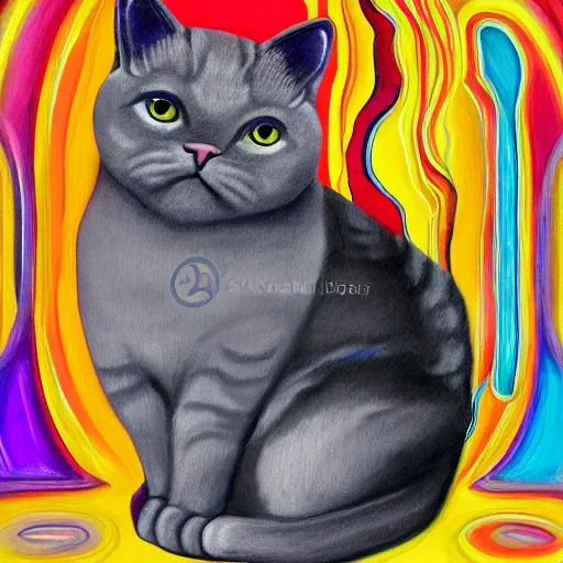 Prompt: claudia sanchez colorful cat art portrait of a grey british shorthair cat sitting on wavy abstract piano keys with musical notes in the background detailed luminescent magical realism painting of 4 k