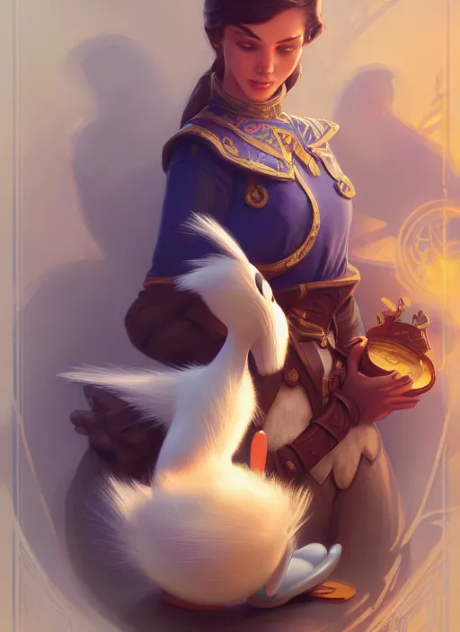 Image similar to donald duck, d & d, fantasy, intricate, elegant, highly detailed, digital painting, artstation, concept art, matte, sharp focus, illustration, hearthstone, art by artgerm and greg rutkowski and alphonse mucha